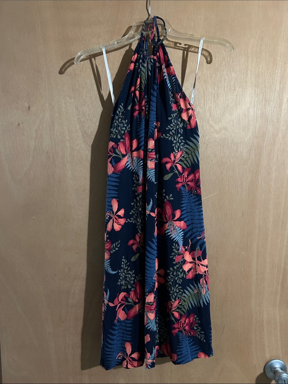Tommy Bahama Navy Halter Floral Sundress with Coral Pink Blooms